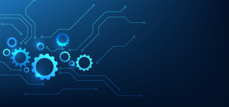 Technology background of drive, various gears connected by circuit lines, conveying the collaboration in efficient and innovative mechanical systems.
