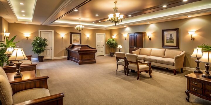 Elegant, serene funeral home interior with cream-colored walls, dark wood accents, and soft lighting, conveying a sense