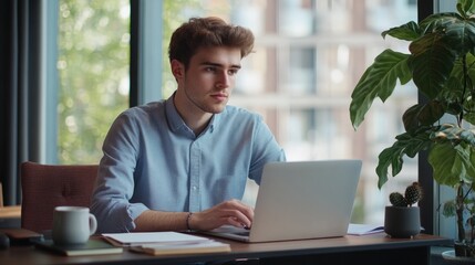 Fototapeta premium Young Man Working on Laptop