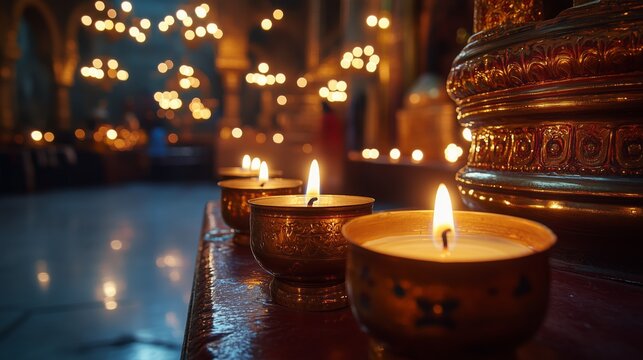 The warm glow of candles illuminates ornate decorations in a Coptic church during Christmas