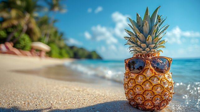 Pineapple wearing sunglasses on a tropical beach