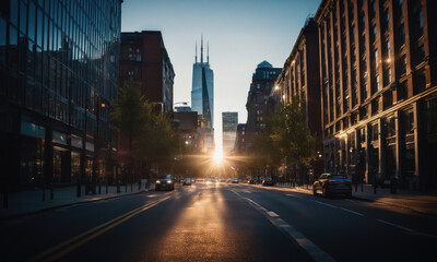 Fototapeta premium The sun sets over Chicago, illuminating the city's tall buildings and casting a warm glow on the street below