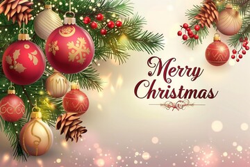 New Year's card on a beige background with Christmas tree decorations, snowflakes, and a Christmas tree. The inscription "Merry Christmas"