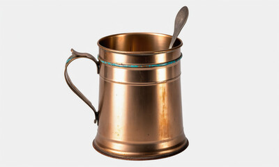 A copper mug with a turquoise band sits on a white background with a silver spoon resting inside