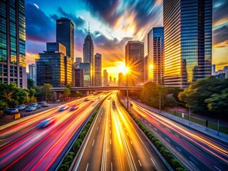 Obraz premium Fast-paced blurred cityscape at sunset with streaks of light from buildings and cars, perfect for adding motion to