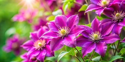 Vibrant purple pink clematis lanuginosa lindl flowers in full bloom close-up with blur background