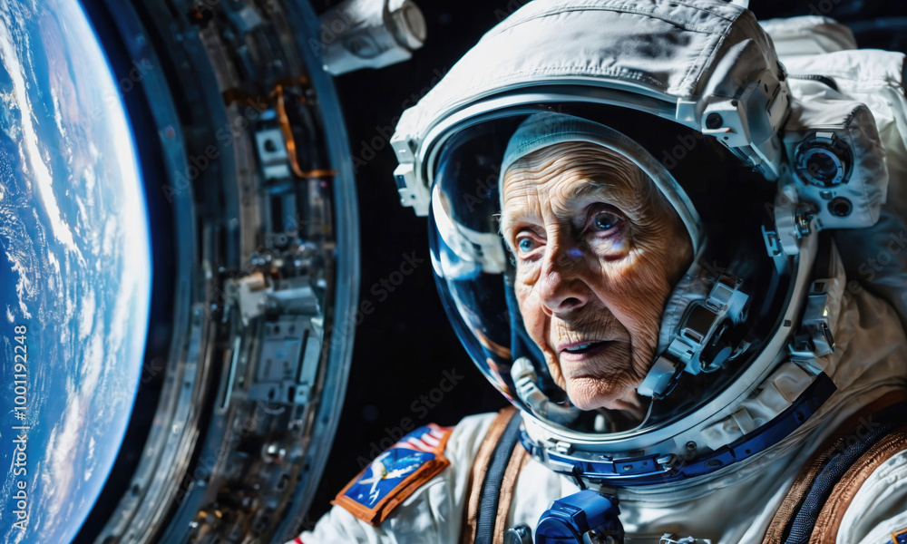 Wall mural an elderly astronaut looks out the window of a spacecraft at earth, with a view of the blue planet a
