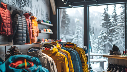 Naklejka premium Modern sports store selling winter clothing and accessories at ski resort with view of snowy trees through window. Winter sports gear shopping, preparation for outdoor activities, skiing vacations