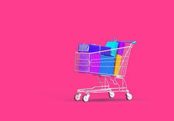 Colorful boxes in a shopping cart. 3d rendering on the topic of shopping, gifts, sales, promotions, marketing. Pink background.