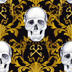 Vintage seamless pattern. Black and white human skull with baroque ornament, keys. Vector illustration. Gothic print