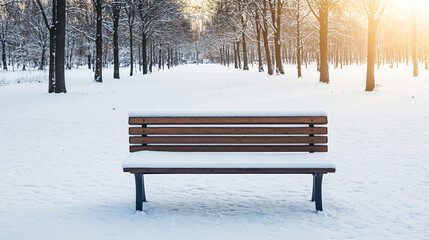 Serene Winter Park with Snow-Covered Bench and Sunset Through Snowy Trees