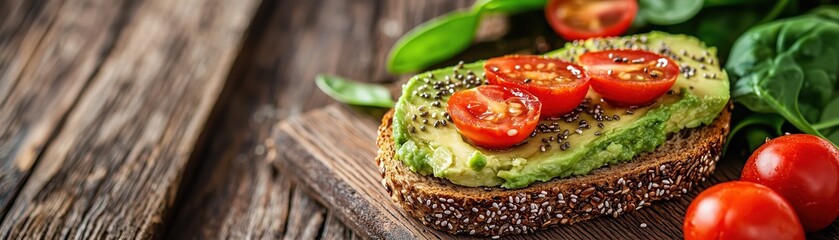Avocado toast with cherry tomatoes, chia seeds, and spinach on a rustic wooden table.