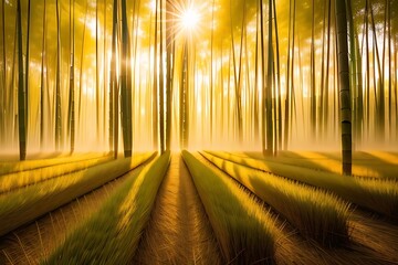 Golden light filtering through bamboo forest.