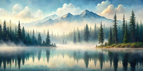 Wandcirkels Mistig bos Foggy mountain landscape watercolor with trees, mist, and reflection in tranquil forest lake for nature background isolated on background  © VisualVault