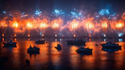 People exchanging hugs and wishes as they celebrate the New Year under bright fireworks