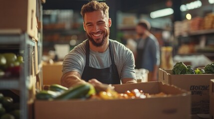 A man is smiling while working in a produce section of a grocery store