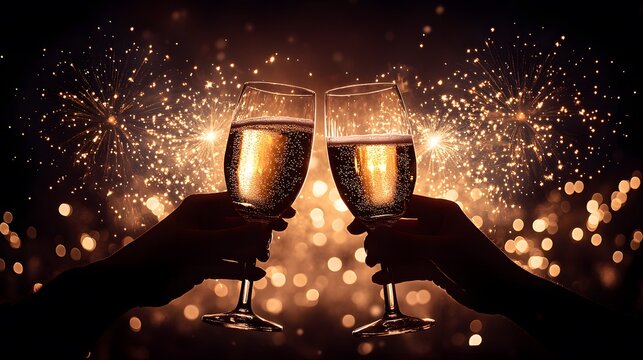 Group of friends clinking champagne glasses under a sky full of fireworks in flat vector