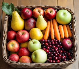 square basket with apple pear carrot cranberry leaf, rattan container on brown wooden floor, autumn harvest season thanksgiving theme