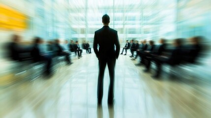 Fototapeta premium A business leader standing in front of seated employees, blurred, as the group discusses negotiation strategies for an upcoming acquisition.
