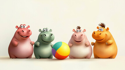 Four cheerful hippos standing in a line, holding a colorful beach ball. Their playful expressions and bright colors create a lively and fun atmosphere in this joyful scene.