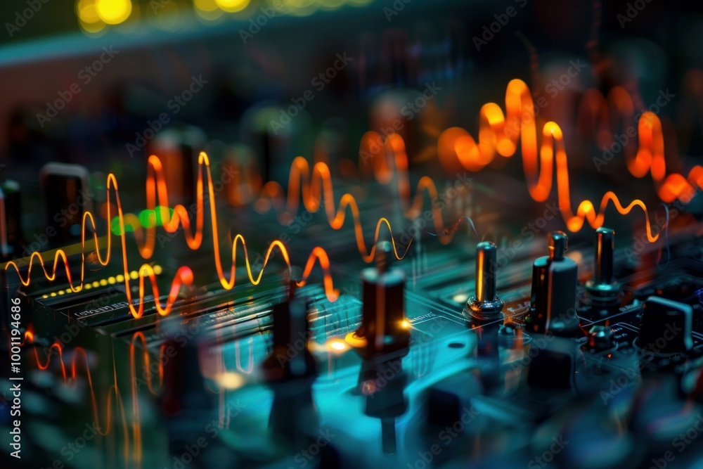 Poster light trails creating wave shapes flowing on a circuit board with microchips and processors