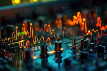 Light trails creating wave shapes flowing on a circuit board with microchips and processors