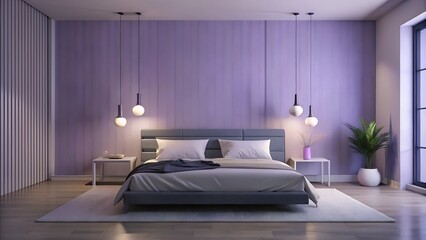 Minimalist interior design of modern bedroom with light purple wall