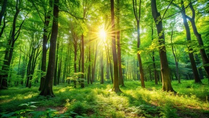 Obraz premium Lush Green Forest with Sunlight Filtering Through Leaves in Summertime Backdrop