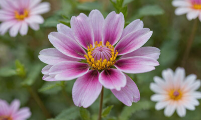Obraz premium A pink and white flower with a yellow center blooms in a garden on a sunny day