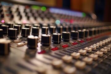 Professional audio mixer is shown with its knobs and faders for adjusting sound levels and effects