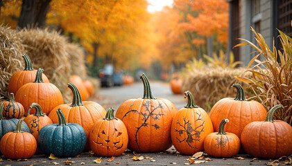 Halloween pumpkins background. Autumn, harvest