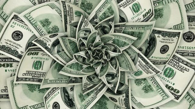American hundred dollar bills in the form of a blossoming flower. Looping. 3D animation.