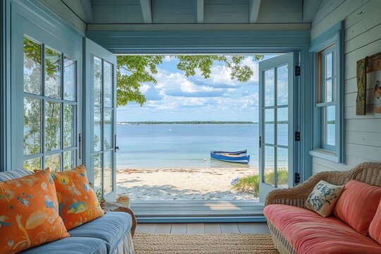 Fototapeta A cozy living room with french doors open to a view of a sandy beach, calm ocean waters and a small boat docked on the shore.