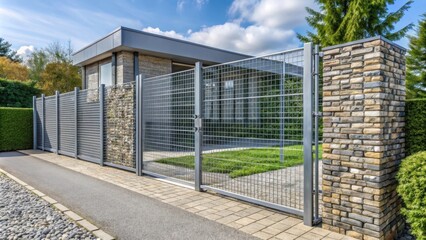 Modern gabion fence with automatic entrance gate and wicket for integrated security