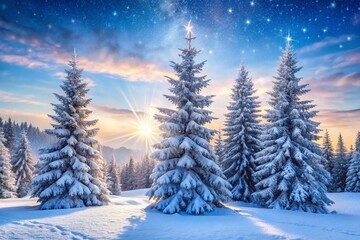 Fototapeta premium Frosted evergreen trees stand tall amidst a serene snowy landscape, with gentle snowflakes falling against a soft,