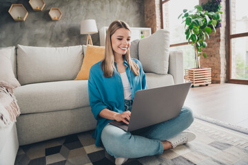 Photo of young homey girl in casual outfit trying find freelance job going to interviews at home...