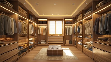Obraz premium Luxurious walk-in closet with wooden shelves and soft lighting