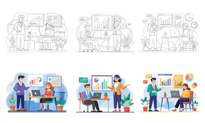 Coworking space concept. Men and women in workplace, partners and colleagues in office. Organization of effective workflow. Characters working on joint project. Cartoon flat vector illustration
