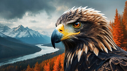 A striking eagle with a piercing gaze, set against a dramatic backdrop of autumnal trees and snow-capped mountains