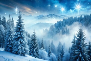 Fototapeta premium Frozen misty mountainside with icy evergreen trees, snowflakes gently falling, and a soft, frosty blue mist veiling the