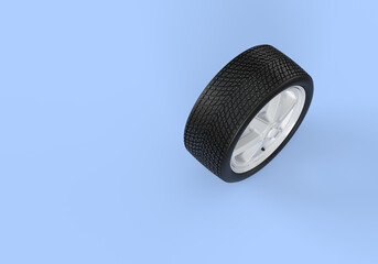 A car wheel with winter tires. Cast white disc. There are metal spikes on the tire for snow and ice. 3d rendering on the topic of security, traffic, tire service, spare parts. Blue background.