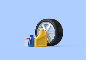 A set of car spare parts for winter. Wheels with a tire on spikes, non-freezing liquid for glasses, battery, oil. 3d on the topic of auto parts, shop, transport, car service. Blue background.