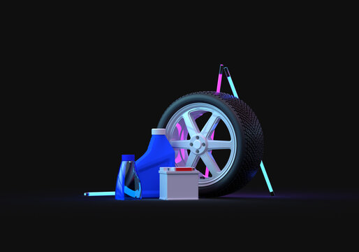 A set of car spare parts for winter. Wheels with a tire on spikes, non-freezing liquid for glasses, battery, oil. 3d on the topic of auto parts, shop, transport, car service. Black background.