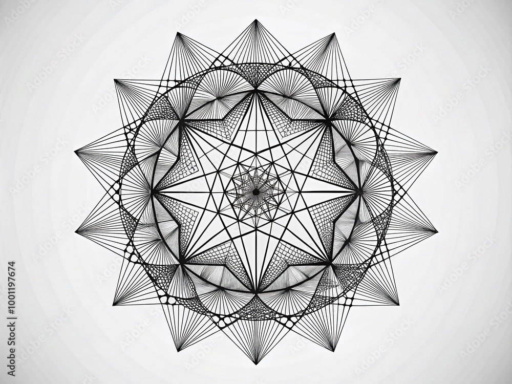 Poster geomeric abstract design featuring intricate black lines and shapes in striking contrast against a c