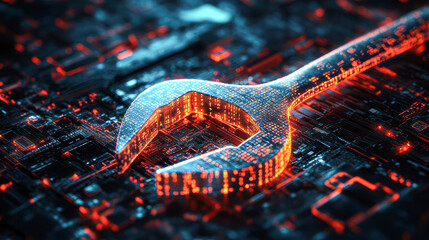 A wrench is shown on a computer screen with a red and orange glow