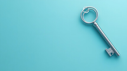 Modern Silver House Key on Blue Pastel Background