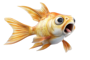 A highly detailed cartoon representation of a goldfish with expressive wide eyes and an open mouth, showcasing vibrant orange and yellow colors with flowing fins and scales.