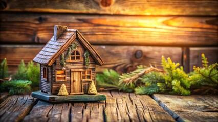 Enchanting miniature house on rustic wooden background for cozy home decor concept