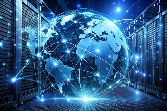 Global business connections represented through intertwined glowing fiber optics, servers, and wires, set against a