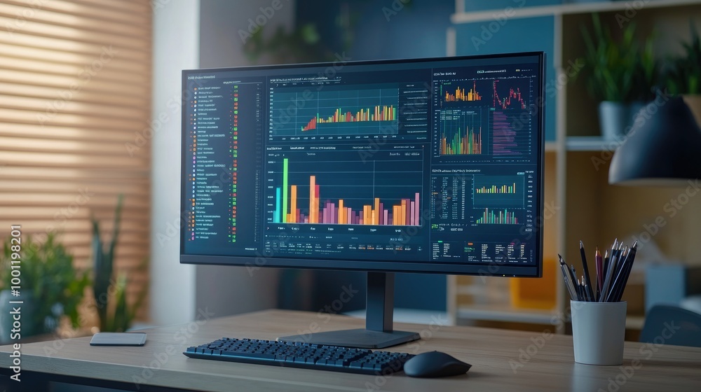 Poster analytical workspace showing a computer monitor with diverse data visualizations and charts, colorfu